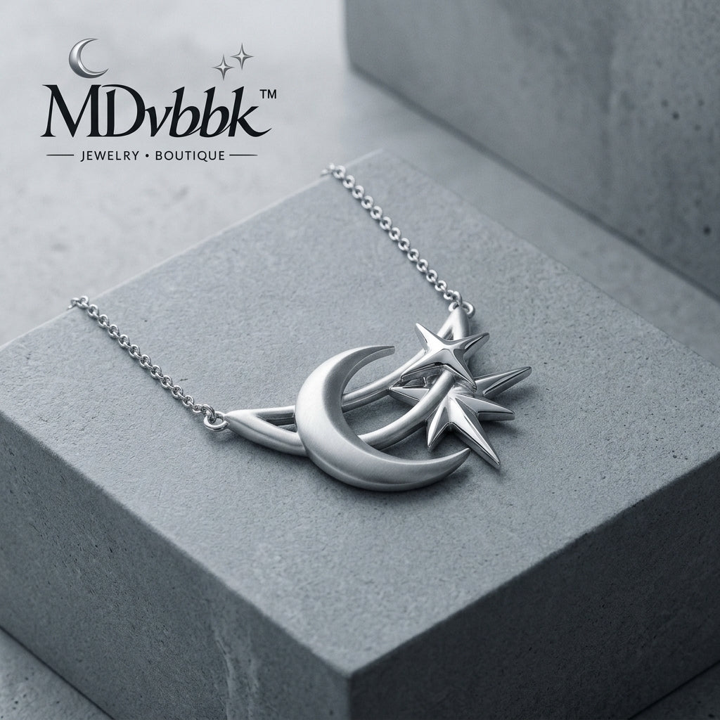 *MDvbbk Silver-Tone Crescent Moon & Star Pendant Necklace for Women*