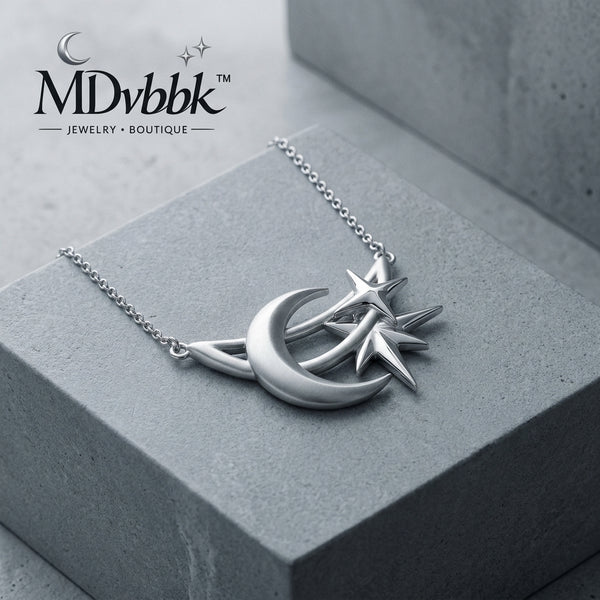 *MDvbbk Silver-Tone Crescent Moon & Star Pendant Necklace for Women*