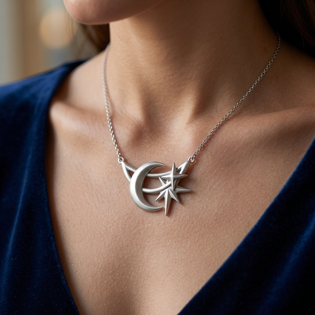 *MDvbbk Silver-Tone Crescent Moon & Star Pendant Necklace for Women*