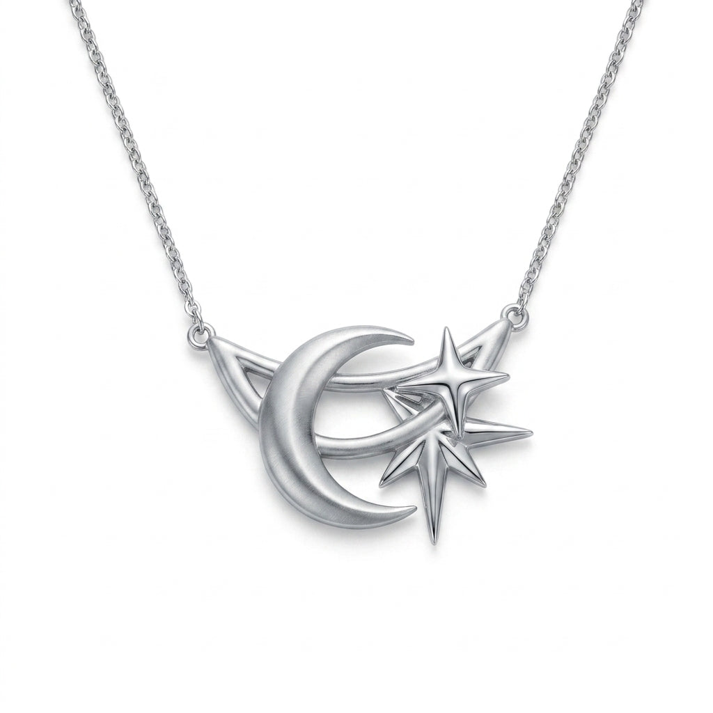 *MDvbbk Silver-Tone Crescent Moon & Star Pendant Necklace for Women*