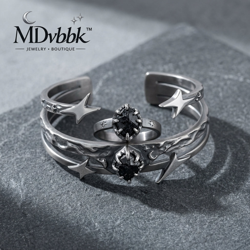 *MDvbbk Celestial Star & Moon Cuff Bracelet and Ring Set, Silver-Tone Gothic Jewelry for Women*
