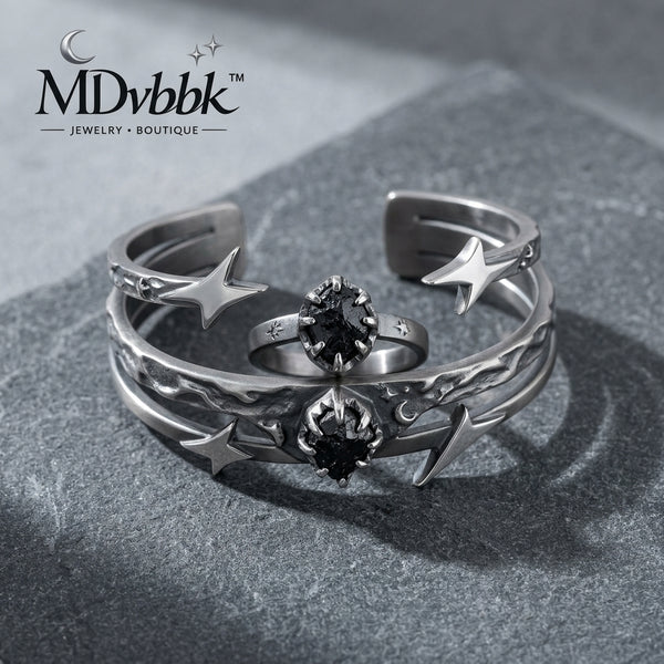*MDvbbk Celestial Star & Moon Cuff Bracelet and Ring Set, Silver-Tone Gothic Jewelry for Women*
