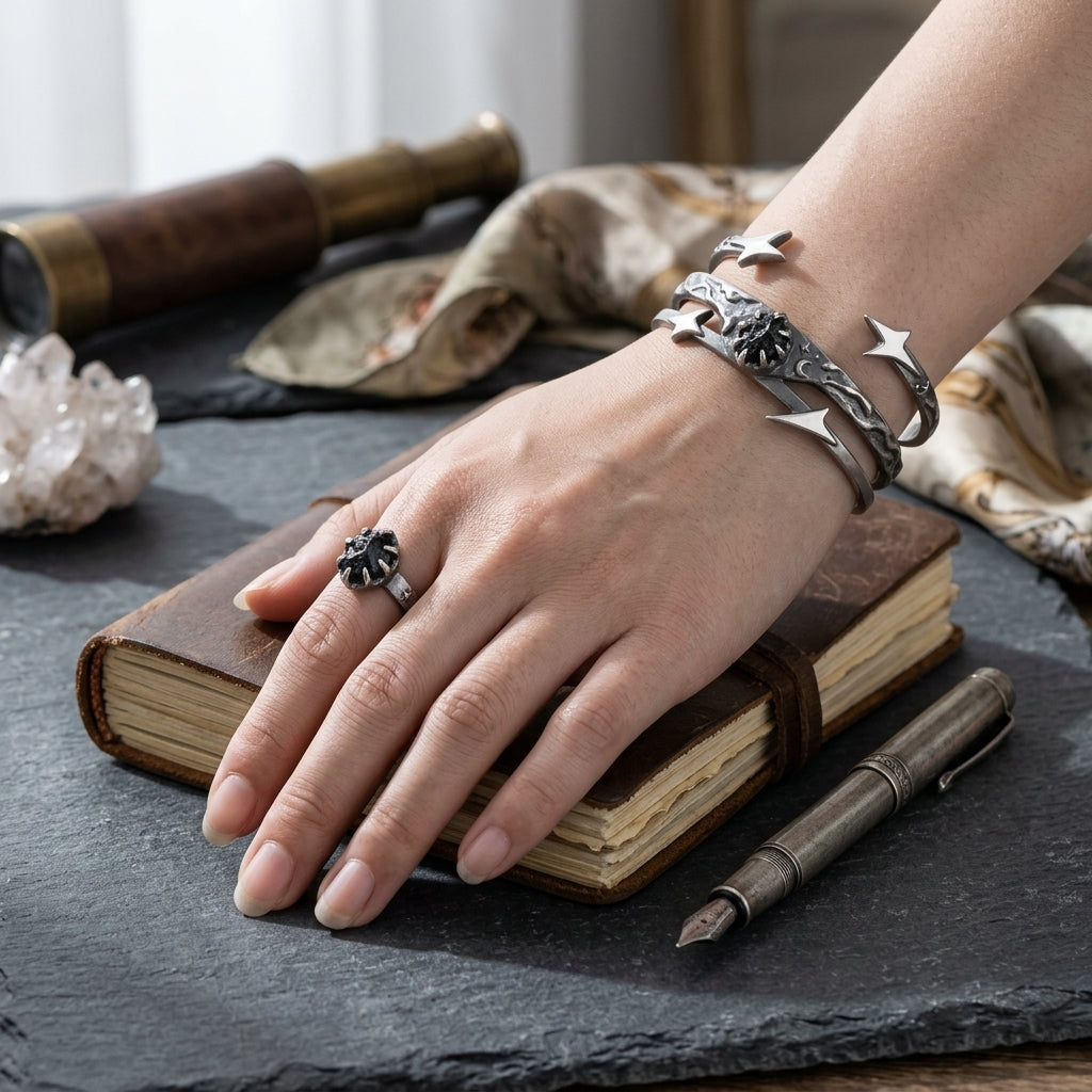 *MDvbbk Celestial Star & Moon Cuff Bracelet and Ring Set, Silver-Tone Gothic Jewelry for Women*