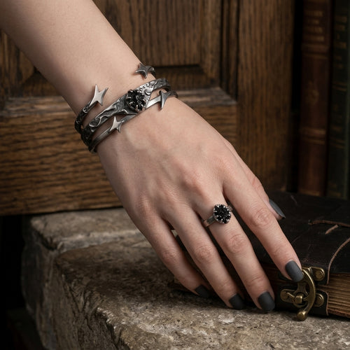 *MDvbbk Celestial Star & Moon Cuff Bracelet and Ring Set, Silver-Tone Gothic Jewelry for Women*