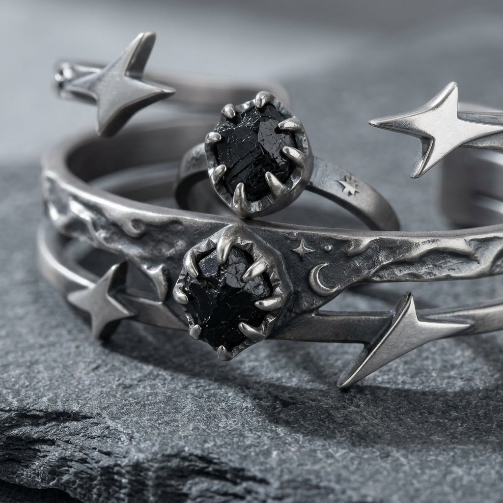 *MDvbbk Celestial Star & Moon Cuff Bracelet and Ring Set, Silver-Tone Gothic Jewelry for Women*