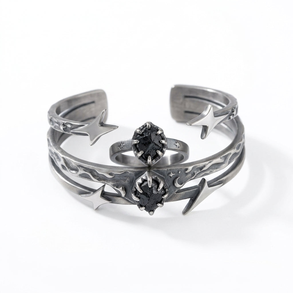 *MDvbbk Celestial Star & Moon Cuff Bracelet and Ring Set, Silver-Tone Gothic Jewelry for Women*