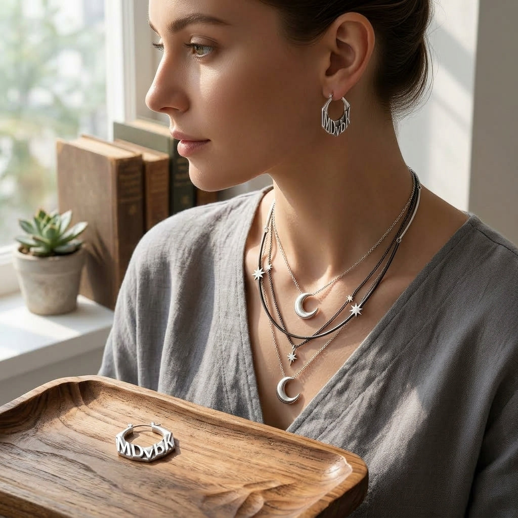 *MDvbbk Moon & Star Layered Necklace & Logo Hoop Earrings Jewelry Set*