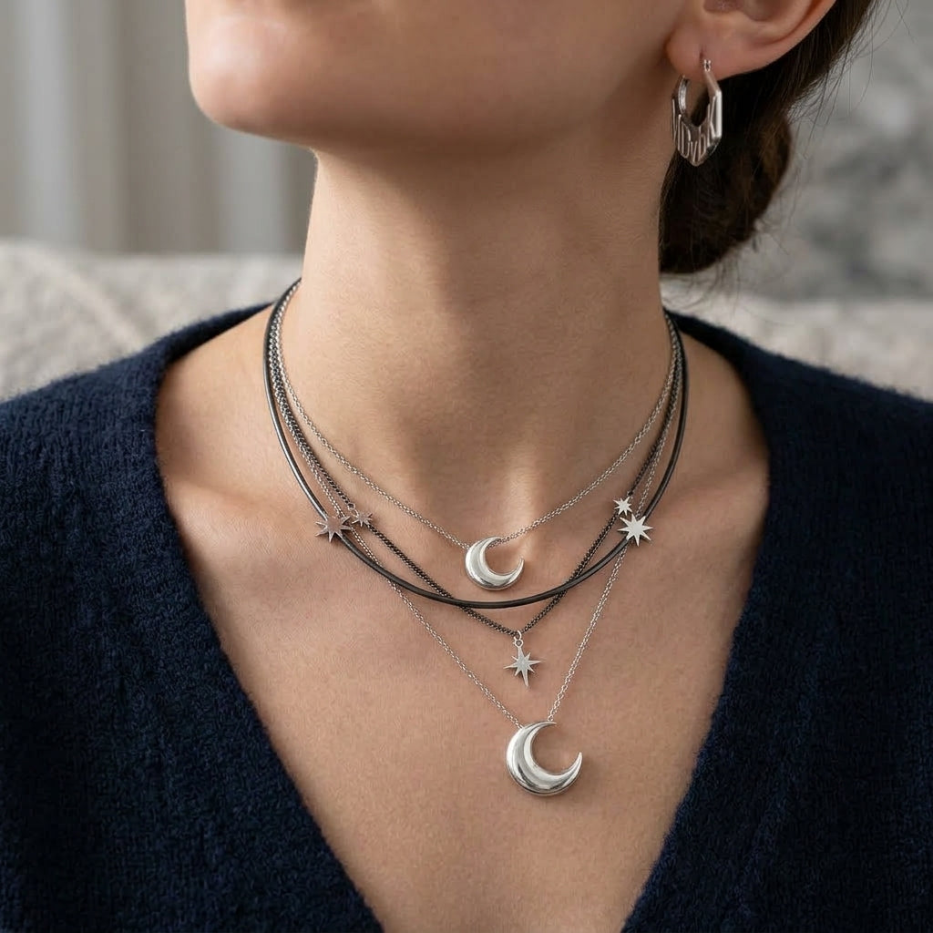 *MDvbbk Moon & Star Layered Necklace & Logo Hoop Earrings Jewelry Set*