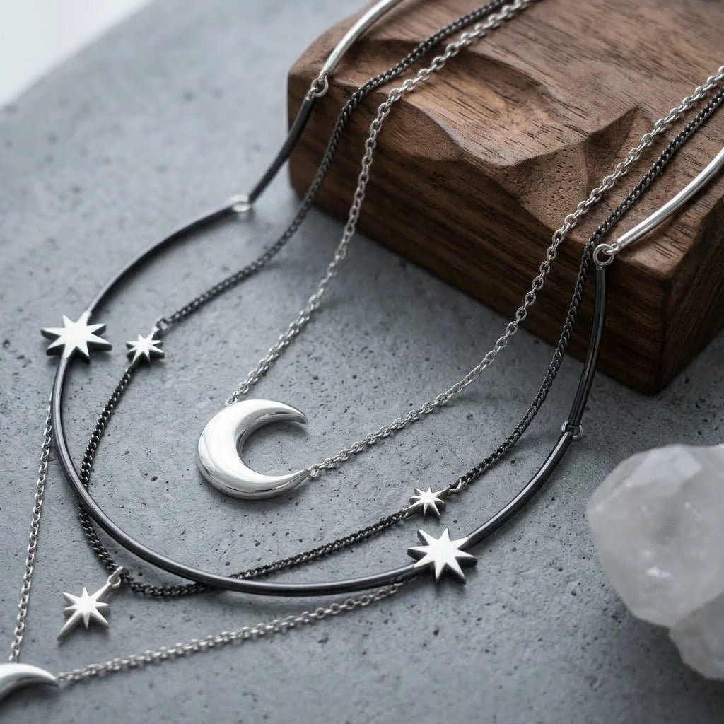 *MDvbbk Moon & Star Layered Necklace & Logo Hoop Earrings Jewelry Set*