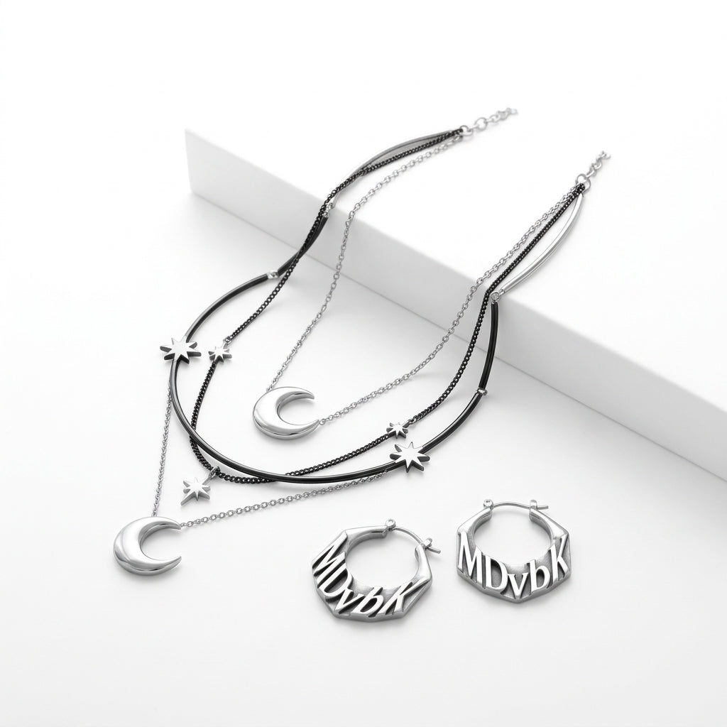 *MDvbbk Moon & Star Layered Necklace & Logo Hoop Earrings Jewelry Set*