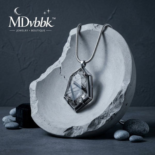*MDvbbk Gothic Geometric Crystal Pendant Necklace with Crescent Moon & Star Details*