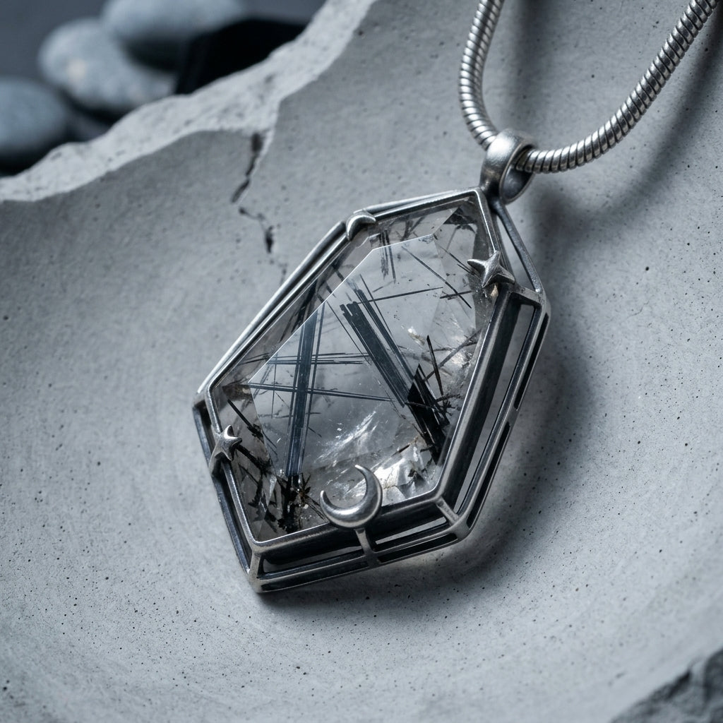 *MDvbbk Gothic Geometric Crystal Pendant Necklace with Crescent Moon & Star Details*