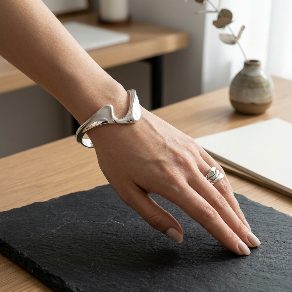 *MDvbbk Silver-Tone Sculptural Cuff Bracelet and Knot Ring Set*
